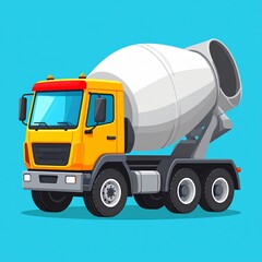 A vibrant illustration of a large concrete mixer truck against a bright, aqua background.
