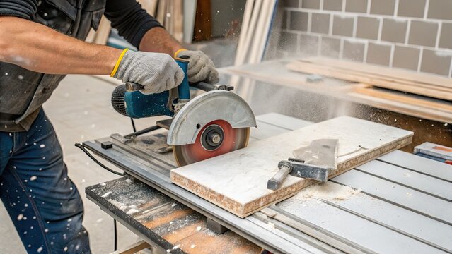 Skilled craftsman using a circular saw on a workbench