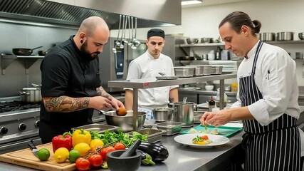 Three chefs in a professional kitchen working together on food preparation and plating a gourmet dish, showcasing culinary skills and teamwork