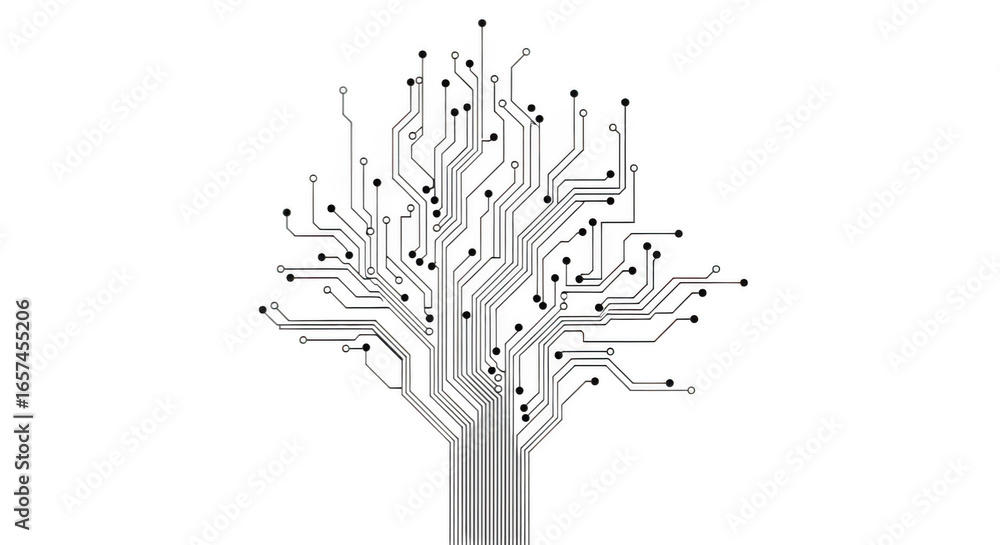 Poster abstract digital tree made of electronic circuit board traces and components, isolated on transparen