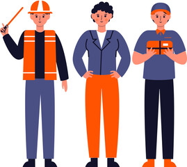 Three diverse professionals stand side-by-side: a construction worker with a pointer, a business person, and a delivery person holding a package.