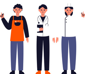 Three diverse professionals in distinct work attire, a waiter, doctor, and chef, standing in a row.