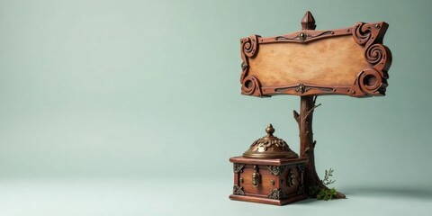 Ornate Wooden Signpost with Decorative Box on a Soft Background