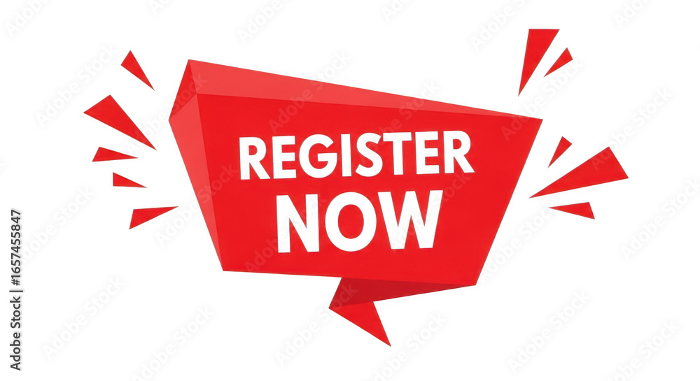 Poster red register now button isolated on transparent background, representing a call to action for online