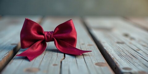 A crimson satin ribbon bow rests gently on weathered wood planks, creating a simple yet elegant scene of quiet contemplation and subtle beauty.