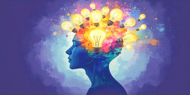Profile of a human head with an explosion of luminous light bulbs, a powerful metaphor for creativity and brainstorming.