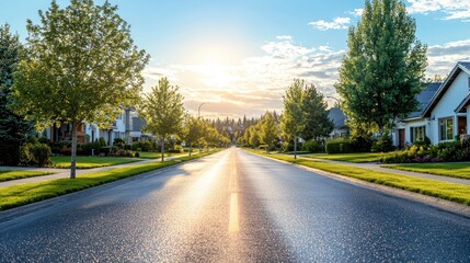 Fototapeta premium Residential street with sun setting, sunny day