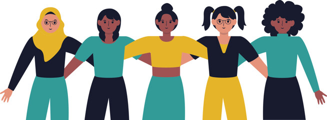 Five diverse women stand shoulder to shoulder, arms linked, symbolizing unity, support, and female empowerment in a colorful vector illustration.