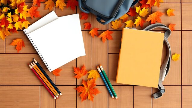 Embracing the vibrant hues of autumn, a classic school backpack sits ready alongside books and essential stationery, symbolizing the start of a new education journey.