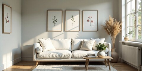 Fototapeta premium Serene Living Room with Minimalist Decor and Natural Light Illuminating a Comfortable Sofa
