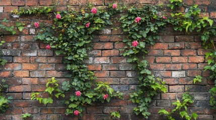 A brick wall covered with vines and pink flowers creating a natural and rustic background image