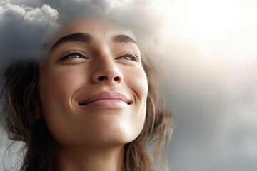 blissful person with radiant smile is surrounded by soft fluffy clouds above their head