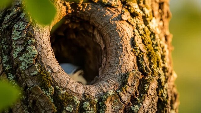 Observing a nuthatch nestled within its tree cavity during the golden hour, captured in a series