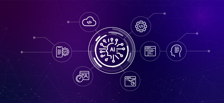 artificial intelligence in coding and software development icons representing software related concepts AI assisted programming cloud development and the future of software engineering