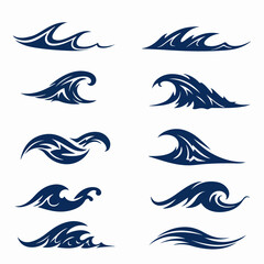 Set of Stylized Ocean Wave Designs: A collection of blue tribal and abstract vector illustrations of sea waves, ideal for tattoo art, logos, and marine-themed graphic elements.