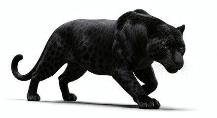 A sleek black panther prowling with intense green eyes against a stark white studio background image