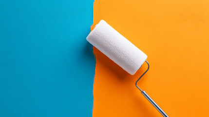 Obraz premium Colorful Painting with Roller on Blue and Orange Split Background in Bright Interior Space