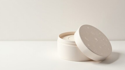 Elegant off-white container with subtle design, slightly open lid, resting on a bright surface