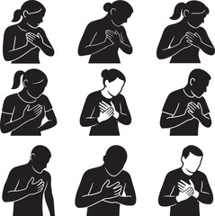 Men and women chest pain set in flat black silhouette vector illustration bundle for medical designs
