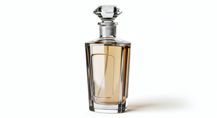 A clear glass decanter with a diamond shaped stopper filled with a light brown liquid on white