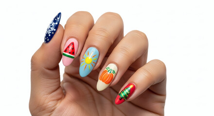 Fototapeta premium Hand showcasing seasonal nail art designs including snowflake watermelon sun pumpkin and christmas tree