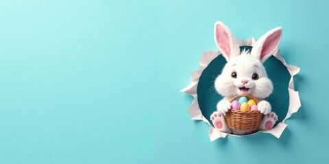 Obraz premium Adorable Easter Bunny Peeking Through a Paper Hole, Holding a Basket Filled with Colorful Eggs, on a Light Blue Background