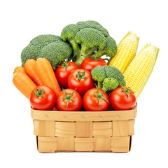 Fresh Harvest Basket of Vegetables Tomatoes, Broccoli, Carrots, and Corn