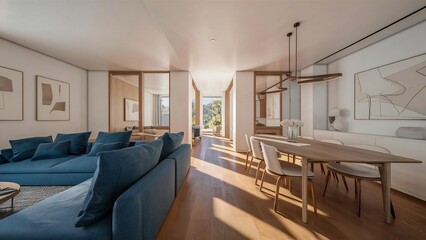 Modern living room and dining area bathed in natural light