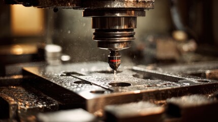 Close-up of a CNC milling machine cutting a metal workpiece with precision and sparks flying in an industrial workshop setting
