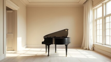 Black Piano in Empty Room