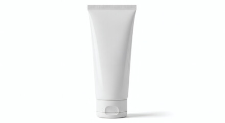 A standing white plastic tube with a flip top cap on a white background in a studio setting