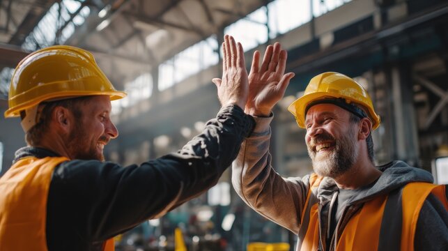 Two smiling workers share a joyful moment with a high-five, illuminated by beams of soft natural light from a large factory window. They wear hardhats and safety vests in an industrial space filled wi
