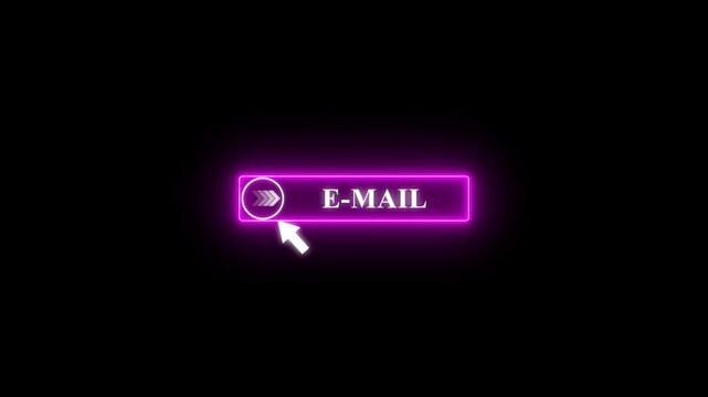 Glowing neon color white text cursor animation pointing towards E-MAIL button in looping with transparent background.4k video