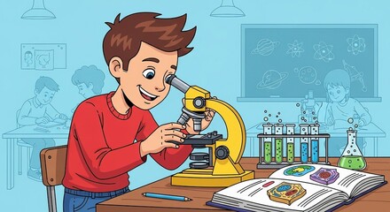 Enthusiastic young student using a microscope in a science classroom, filled with educational equipment and engaging in active learning, illustration perfect for science education materials.