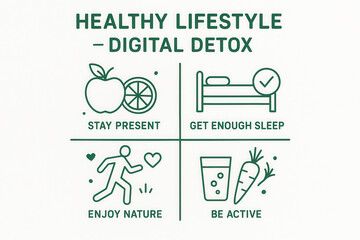 Healthy lifestyle digital detox encourages staying present with fresh fruit getting enough sleep for rest enjoying nature outdoors and being active with healthy food and water