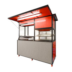 Modern Red Kiosk Food Stand With Glass Display And Overhead Lighting