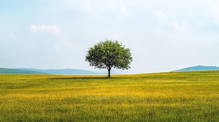 A single tree standing in a field under a bright sky with hills in the distant background view