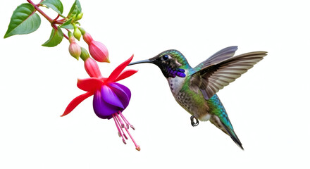 Obraz premium A hummingbird feeding on a fuchsia flower with a white background in a close up detailed shot
