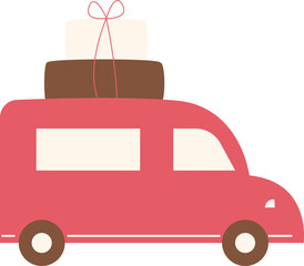 A stylized illustration of a pink car carrying stacked gift boxes, ready for travel.