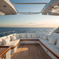 Fototapeta premium Luxury yacht deck with white seating area, teak flooring, modern design overlooking ocean horizon view