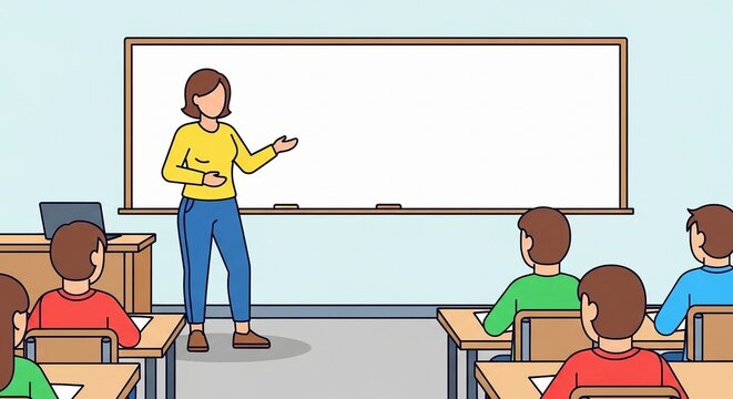 Friendly female teacher in yellow shirt and blue pants leading a class in front of a whiteboard, cartoon style.