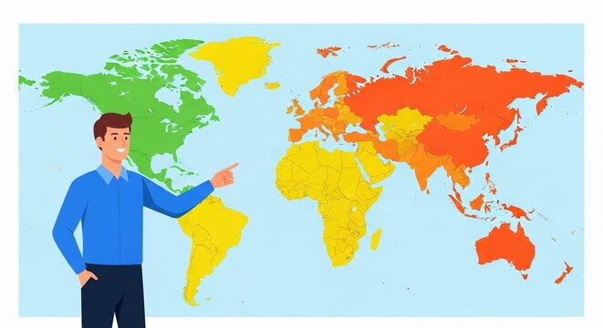 Man pointing at a colorful world map illustrating global distribution or data, representing international business and strategy.
