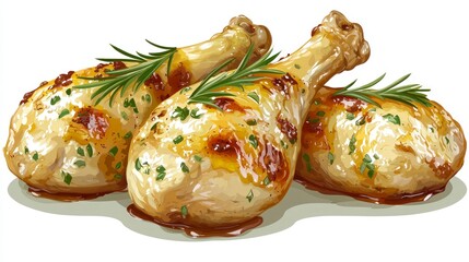 Roasted chicken drumsticks, garnished, white background