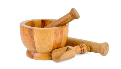 Wooden mortar and pestle set with scoop, isolated on white