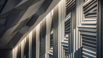 Modern architectural facade with geometric patterns and dramatic lighting