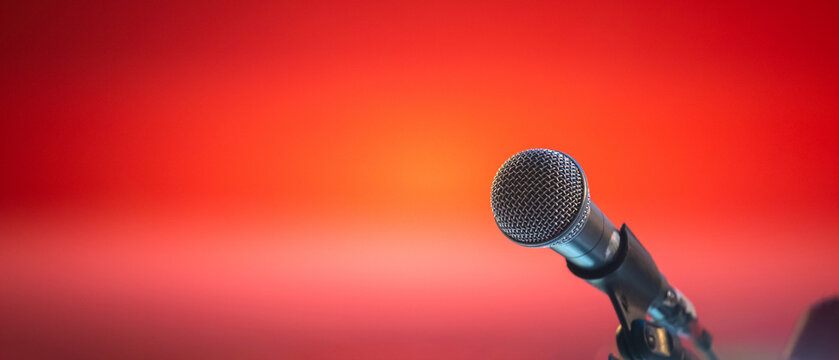Business people talking on seminar panel with microphone