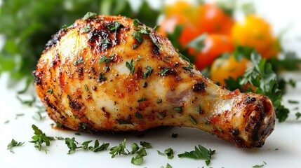 Roasted Chicken Leg with Tomatoes and Parsley on a Plate