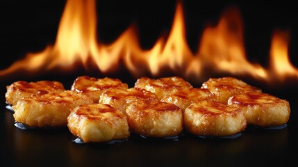 Roasted potato rounds with fire flames