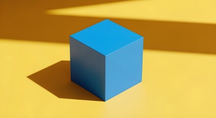A single, bright blue geometric cube, perfectly rendered and smooth, isolated on a warm, sunny yellow background. Clean lines, hard shadows, modern and abstract.