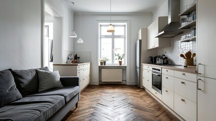 Modern narrow kitchen with a cozy sofa and herringbone wood floor
